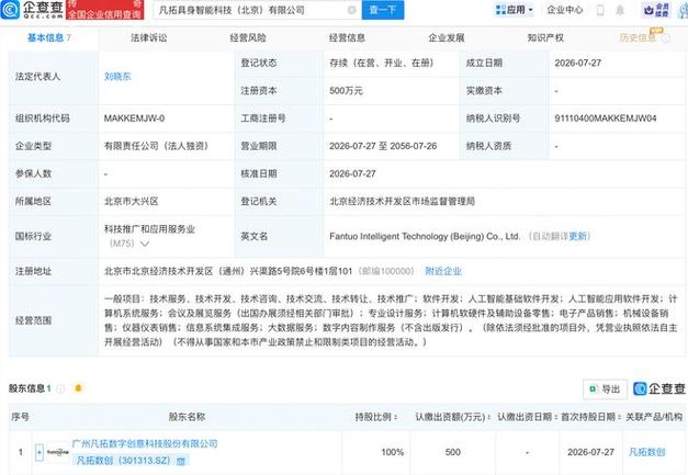 成立,经营范围包含:人工智能基础软件开发